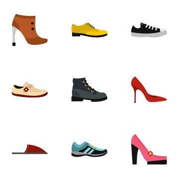 Types of shoes icons set. Flat illustration of 9 types of shoes vector icons for web
