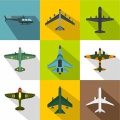 Military aircraft icons set. Flat illustration of 9 military aircraft vector icons for web