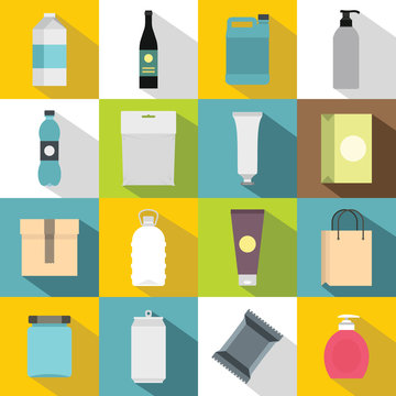 Packaging items icons set. Flat illustration of 16 packaging items vector icons for web