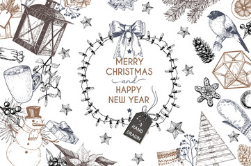 Vector Christmas hand drawn greeting card with icons. Xmas engraved objects.