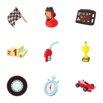 Machine race icons set. Cartoon illustration of 9 machine race vector icons for web