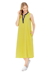 Fashion photo of young magnificent woman wearing fashionable summer clothes