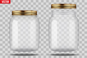 Set of Glass Jars for canning and preserving. With closed and open cover. Vector Illustration isolated on transparent background. - obrazy, fototapety, plakaty