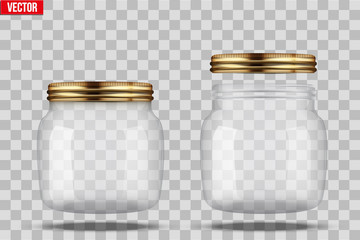 Set of Glass Jars for canning and preserving. With closed and open cover. Vector Illustration isolated on transparent background.