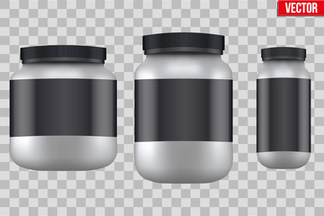 Template Background of Sport Nutrition Container. Plastic Whey Protein and Gainer Supplements. Plastic Jar. Silver color. Vector Illustration isolated on transparent background.