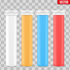 Template Plastic Bottle with Cap for Vitamins and Label. Vector Illustration isolated on transparent background