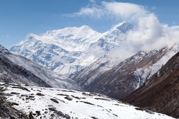 View of Annapurna III and Gangnapurna from Jharsang Khola Valley, Annapurna Circuit, Manang, Nepal