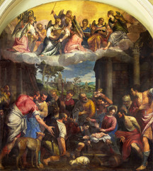 BRESCIA, ITALY - MAY 23, 2016: The painting Adoration of shepherds in Sant' Afra church by Carlo Caliari (1570 - 1596).