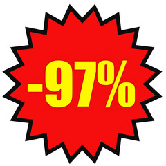 Discount 97 percent off. 3D illustration on white background.