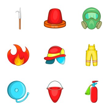 Firefighter icons set. Cartoon illustration of 9 firefighter vector icons for web
