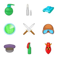 War equipment icons set. Cartoon illustration of 9 war equipment vector icons for web