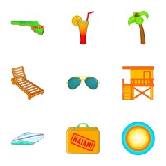 Tourism in Miami icons set. Cartoon illustration of 9 tourism in Miami vector icons for web