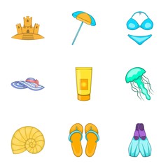 Beach icons set. Cartoon illustration of 9 beach vector icons for web