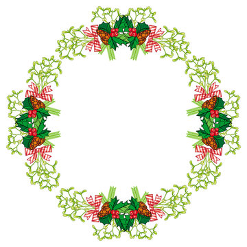 Round frame in shape of wreath with mistletoe. Copy space. Christmas decoration.