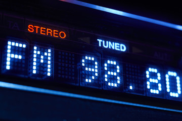 FM tuner radio display. Stereo digital frequency station tuned.