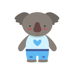 Koala In White Top With Heart Print And Blue Pants Cute Toy Baby Animal Dressed As Little Boy