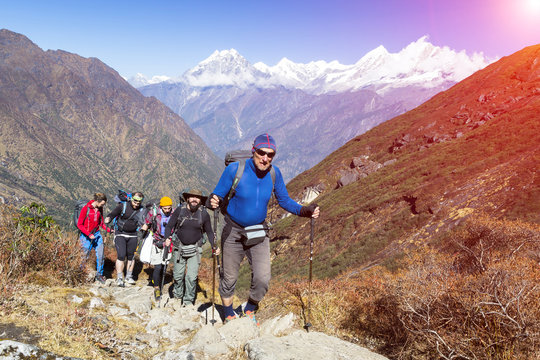 Group Of Mountain Climbers Walking Up On Mountain Trail Sunny