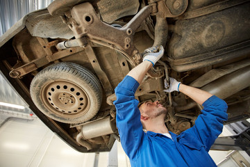 Fototapeta premium mechanic man or smith repairing car at workshop