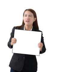 Fototapeta premium Business woman holding a banner isolated