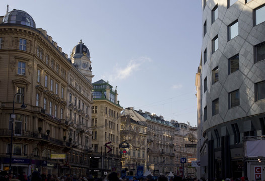 Graben street buildings and shops in Vienna at day time from Stephanplatz