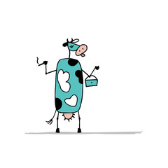 Funny cow on the party, sketch for your design