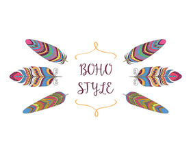 Boho Style Frame. Border with Decorative Bird Feather. Design for T-shirt.