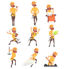 Adventurer Archeologist In Safari Suit With A Whip Set Of Activity Illustrations - obrazy, fototapety, plakaty