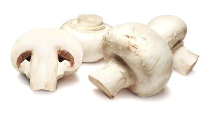 Mushrooms, white mushrooms or champignons, isolated on white background.