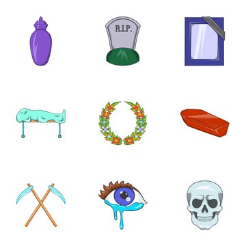 Death of person icons set. Cartoon illustration of 9 death of person vector icons for web