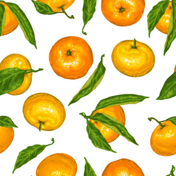 Seamless pattern with mandarins. Tropical fruits and leaves
