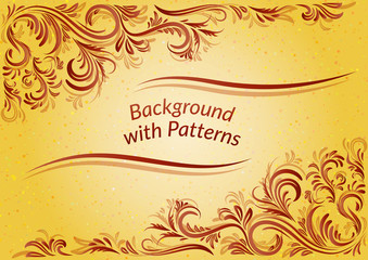 Golden Background with Abstract Vintage Contour Floral Pattern. Vector