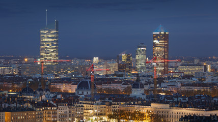The illuminated city of Lyon, France,  seen from Fourviere hill at night.