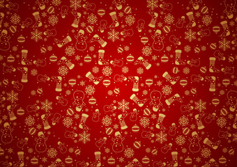 Red Christmas Background Texture with Outlined Ornaments in Gold Color - Illustration, Vector