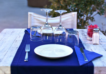 Dinner table setting in the evening, Dinner for two.