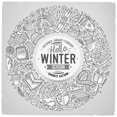 Set of Winter cartoon doodle objects, symbols and items