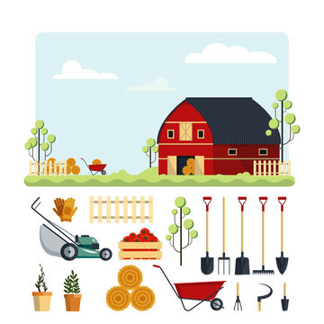 Set farm tools flat-vector illustration. Garden instruments icon collection isolated on white background. Farming equipment, ranch with hay.