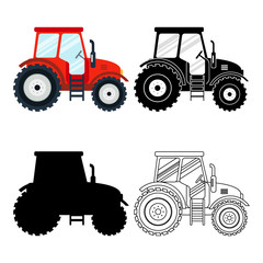 Set of flat red, black, thin line tractors on the white background. Farming vehicle icon machinery, agricultural transport - vector stock.