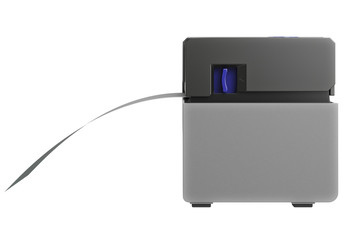 Barcode printer with label, side view. 3D graphic