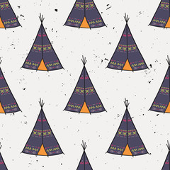Vector seamless pattern of American Indian tipi home with tribal ornament. Colorful tepee wigwam in boho style. © Eireen