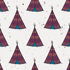 Vector seamless pattern of American Indian tipi home with tribal ornament © Eireen