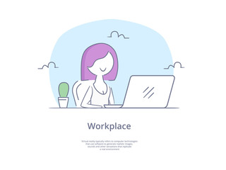 Premium Quality Line Icon And Concept Set: Young beautiful businesswomen work on portable laptop computer, freelancer, girl at workplace.