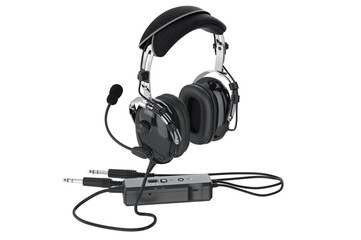 Headphones aviation digital device with controller. 3D graphic