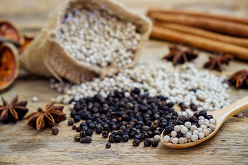 Spices and herbs for cooking background. Group of spices on wooden background and selective focus.