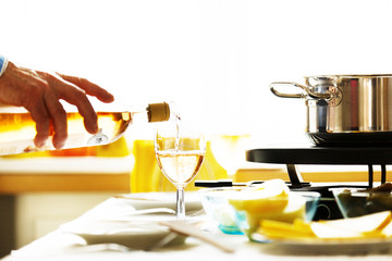 Raclette and Wine. Close up.