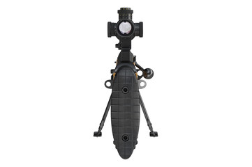 Rifle sniper firearm optical sight scope, back view. 3D graphic