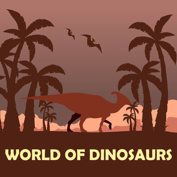 Banner World of dinosaurs. Prehistoric world. Parasaurolophus. Cretaceous period.