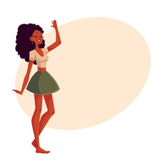 Young barefooted african american woman dancing, cartoon style vector illustration isolated on yellow background. Young and beautiful black woman, teenager, girl dancing at a party in skirt, t-shirt