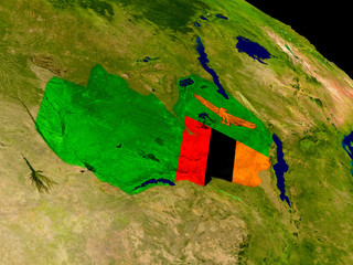 Zambia with flag on Earth