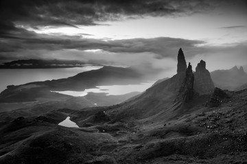 Beautiful monochrome panorama at the Old Man of Storr, Isle of Skye, Scotland - impressive and mysterious scenery early in the morning