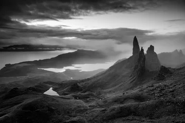 Fototapeten Beautiful monochrome panorama at the Old Man of Storr, Isle of Skye, Scotland - impressive and mysterious scenery early in the morning © photoenthusiast